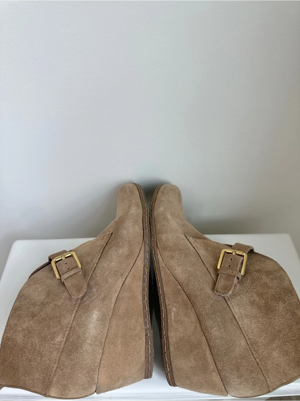 Franco Sarto Amerosa Buckle Wedge Bootie Tan Suede Size 9